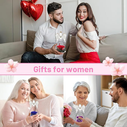 Yamonic Mom Birthday Gifts for Women, Preserved Roses Forever Flower in Glass Angel Figurines Gifts for Moms Grandma, Real Fresh Flowers Christmas Mothers Day Anniversary Valentines Gifts for Her(Red)
