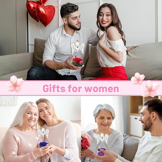 Yamonic Mom Birthday Gifts for Mom Grandma, Angel Figurines with Real Rose Gifts for Women Moms, Preserved Flowers Rose Glass Angel for Mothers Day Christmas Valentine's Day Gifts for Her(Purple)