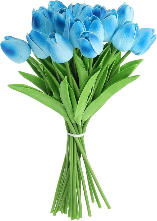 uxcell 20pcs Tulips Artificial Flowers, Faux Flowers Silk Fake Tulip Stems Real Touch for Wedding Bouquet Centerpiece Table Party Decoration(Gradient Blue)