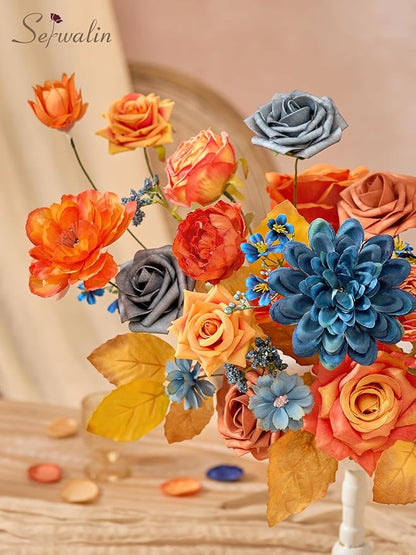 Serwalin Fall Flowers Artificial, Orange Silk Flowers with Stems, Fake Roses Blue Dahia Flower for Wedding Bouquets Bridal Baby Shower Party Arrangment Cake Floral Decoration