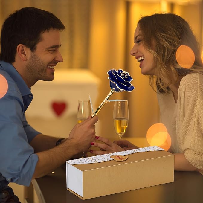 Mikasol Gold Dipped Real 24K Forever Preserved Rose, 1 Pack Infinity Flower Decor Hand Dipped Romantic Gift for Women in Her Wife Girlfriend Birthday Anniversary Valentines Mothers Day Christmas(Blue)