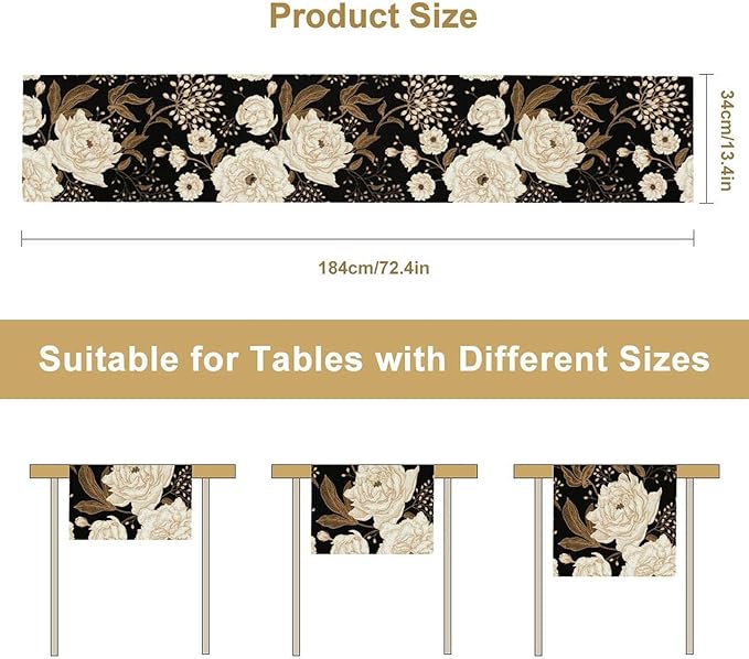 Vintage Flowers Table Runner,Black Gold Peony Rose Print Table Runner for Home Kitchen Table Dining Indoor Outdoor Party Decor 13x60 Inch