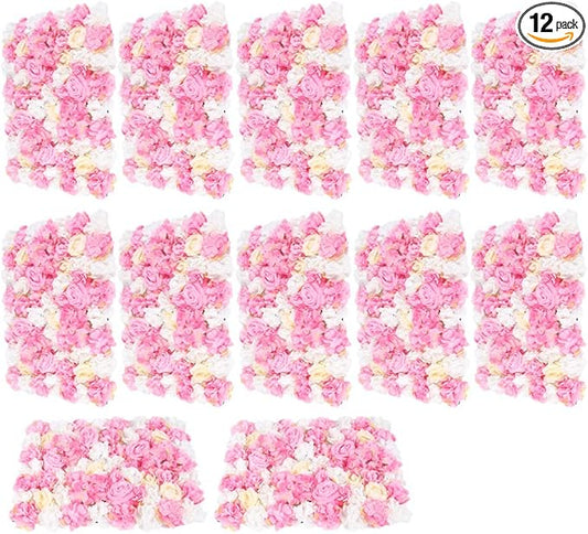 16"x 24" Artificial Flower Wall Panels,Flower Wall Mat Silk Flower Panels for Outdoor Garden Backyard Fence Fence Privacy Screen and Indoor Wall Decor(12Pcs Pink+Light Yellow+White)