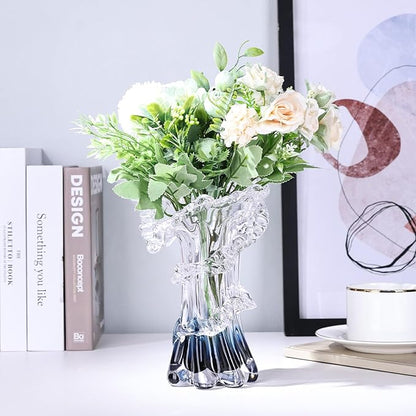 8.1" H Blue Ocean Wave Vase, Blown Glass Vase, Unique Modern Art Beautiful Hand Blown Coastal Centerpieces for Living Room, Bedroom, Office Desktop, Coffee Table, and Wedding Decorative (S)