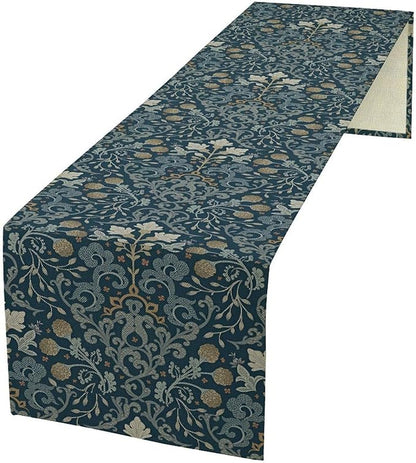 Vintage William Morris Table Runner, Rustic Country Farmhouse Blue Botanical Floral Boho Table Runner for Kitchen Dining Home Party Wedding, 13x120 Inch