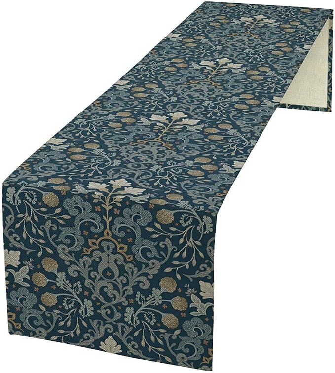 Vintage William Morris Table Runner, Rustic Country Farmhouse Blue Botanical Floral Boho Table Runner for Kitchen Dining Home Party Wedding, 13x36 Inch