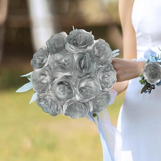 Roses Artificial Flowers,30PCS Glitter Roses Faux Roses with Stems for Wedding Bouquet Party Christmas Home Decor（Gradient Black ）