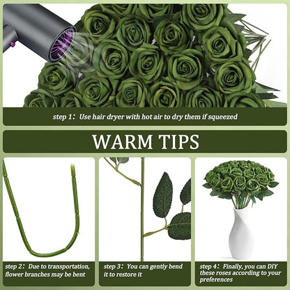 30pcs Fake Roses Artificial Silk Flowers Long Stems Bouquet for Wedding Bridal Shower Party Home Decoration (Green)