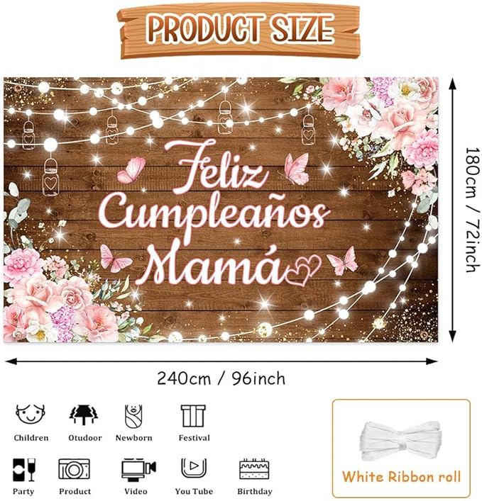 Feliz Cumpleaños Mama Backdrop Mexico Happy Birthday Mom Photography Background Best Mother Ever I Love Mom Birthday Party Decorations Banner Photo Studio Props 96 x 72inch