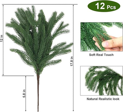 12 Pcs Christmas Norfolk Pine Branches Real Touch Norfolk Pine Stems Picks Faux Greenery Holiday Evergreen Stems for Vase DIY Crafts Garland Wreath Home Decor - 18" Long