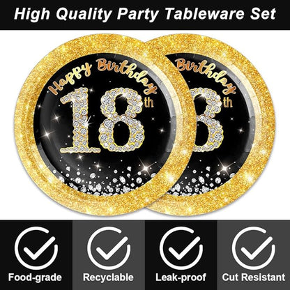 40Pcs 18th Birthday Decorations for Boys Girls Black and Gold Party Decorations for Birthdays Decor Happy Birthday Plates and Napkins Set Party Supplies for Men Women