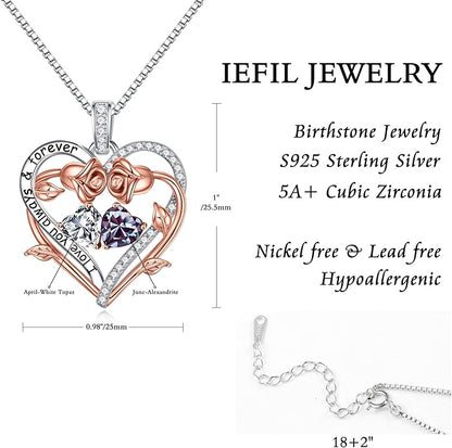 Iefil Rose Heart Double Birthstone Necklace Gifts for Wife Her Mom Women, Birthstone Jewelry Gemstone Birthday Gifts for Girlfriend Grandma Her Wife Women