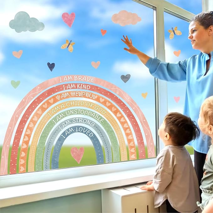 Large Rainbow Window Stickers Kids Inspirational Window Decals Peel and Stick Double Sided Rainbow Window Clings Anti Collision Motivational Window Decals for Nursery Playroom Classroom Bedroom Decor