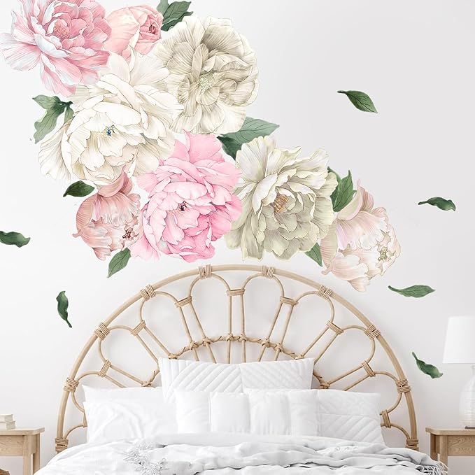 Large Pink and White Peony Wall Decals, Elegant Floral Stickers for Living Room Decor, Watercolor Vinyl Art for Bedroom, Master Bedroom & Home Decor