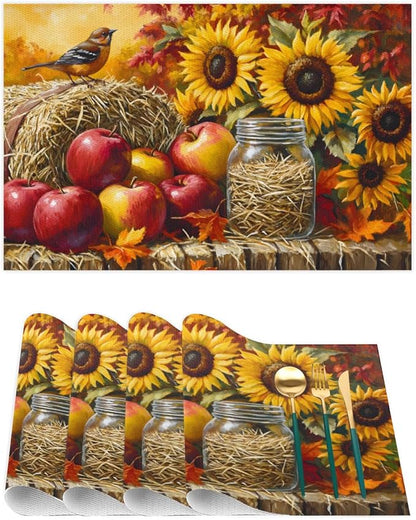 Autumn Apple Flower Sunflower Placemats Set of 6 PVC Vinyl Non Slip Table Mats Heat Resistant Place Mats Washable Wipeable Dining Table Mat for Kitchen Decor Party Indoor Outdoor Decorative Gift