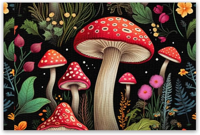 Placemats Set of 4 Waterproof Oilproof Table Mats Mushroom Pattern Washable Wipeable Heat Resistant Easy to Clean for Indoor Outdoor Party Kitchen Dining Table Decoration 12 * 18in