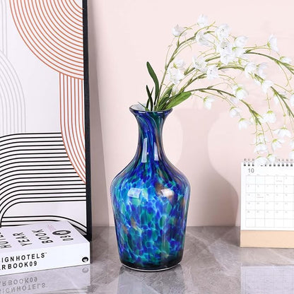 Hand Blown Glass Vase Teal Mosaic (Blue Green Splash) – Murano Inspired Art Glass Vase with Wide Mouth for Flowers, Bubble Vase, Coastal Centerpiece for Dining Room or Living Room (Blue)