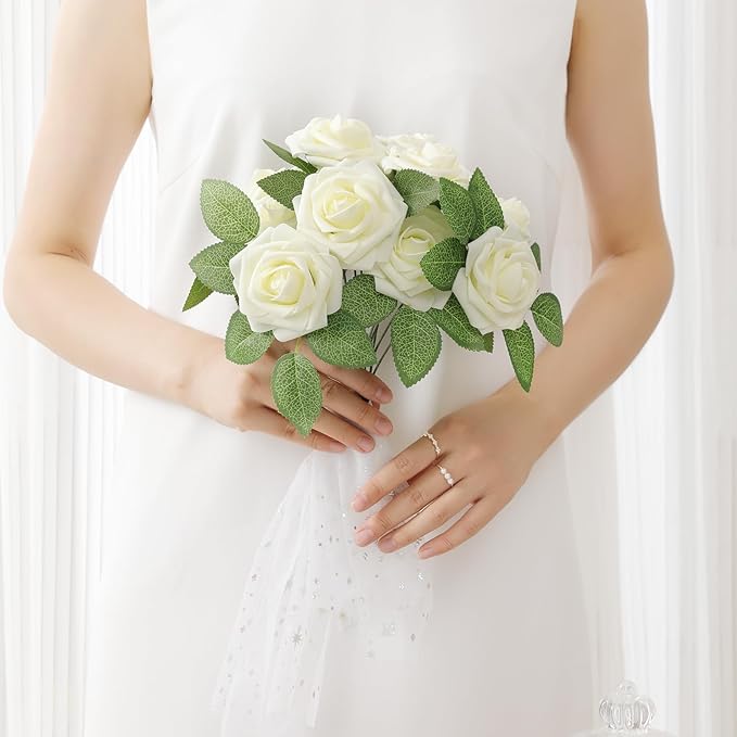 DerBlue 60pcs Artificial Roses Flowers Real Looking Fake Roses Artificial Foam Roses Decoration DIY for Wedding,Arrangements Party Home Decorations