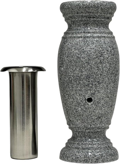Memorial Cemetery Flower Vase - Real Granite (Grey Granite), with Stainless Steel Inner, Grave Marker, Decorations for Gravesite, Headstone Flowers Holder, Garden Lawn & Yard (4.5x4.5x10)