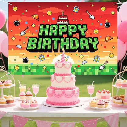 Pixel Theme Birthday Backdrop, 150x100cm/5x3ft Polyester Pre-Drilled Video Game Happy Birthday Banner Backdrop for Boys Girls Themed Party Favors & Decor Supplies