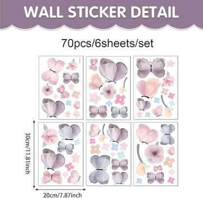 Watercolor Butterfly and Flower Wall Decals Peel and Stick - 70 PCS Flower Butterfly Wall Decor for Girls Room, Nursery, Kids Bedroom, Home Art Decals