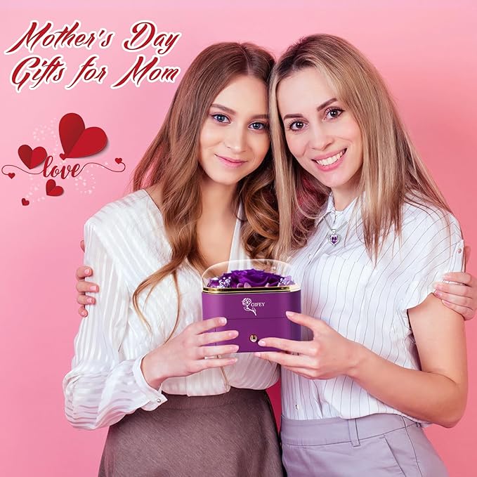 Christmas Flower Gifts for Mom,Birthday Gifts for Women,Preserved Purple Real Rose with Purple Necklace,Forever Flowers Rose Gifts for Women Mom Wife Girlfriend on Anniversary Valentines Mothers Day