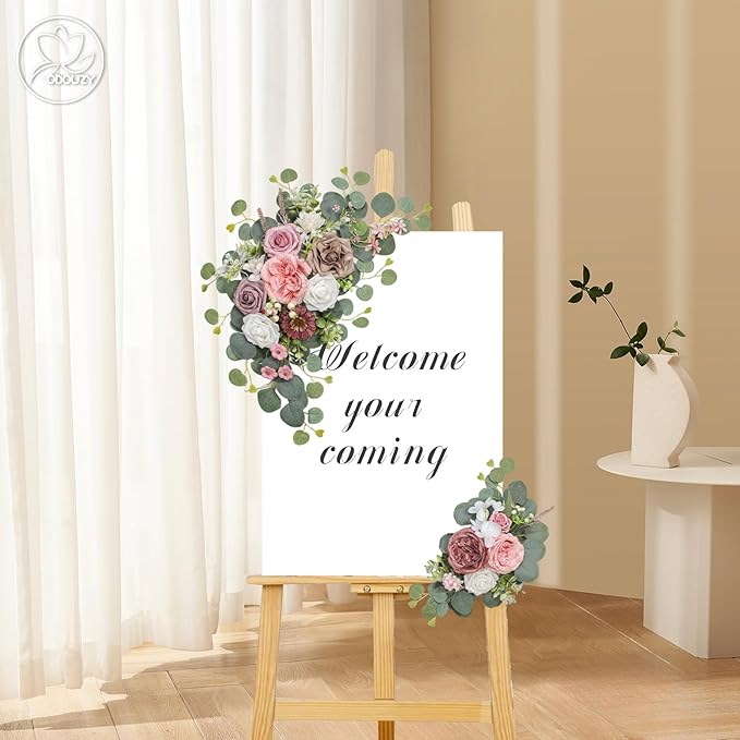 Artificial Wedding Arch Flowers for Wedding Sign,Set of 2 for Wedding Welcome Ceremony Sign,Faux Floral Swags,Wedding, Banquet and Reception Backdrop Floral Decoration (Coffee Pink)