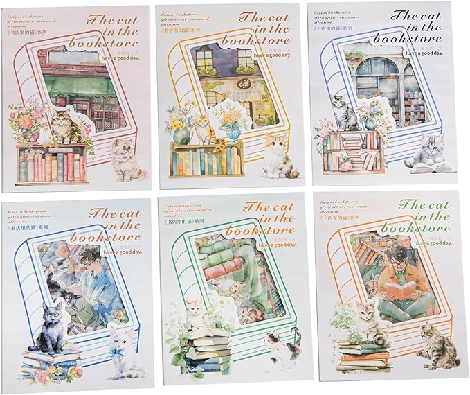 TIAMECH Cat in Bookstore PET Stickers - 90 Pcs Accompanying Read Corner & Book House Design, Waterproof Sticker for Journaling & Scrapbooking, Junk Journal Supplies, Ephemera & DIY Crafts