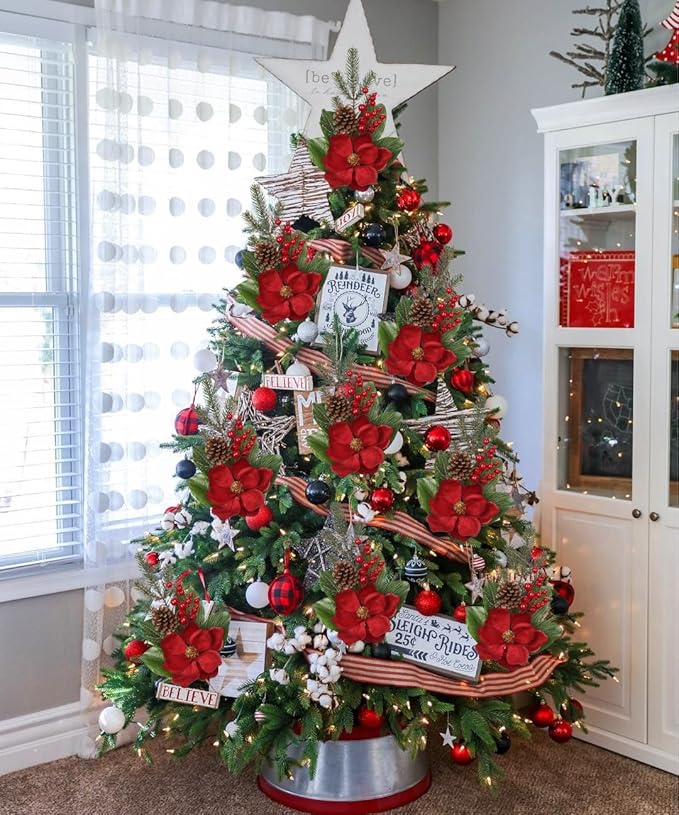 Briful Red Magnolia Christmas Flower Branches, 2 Pack 18.9in Artificial Magnolia Floral Picks and Spray with Pinecones Berries for Xmas Tree Vase Arrangements Decor