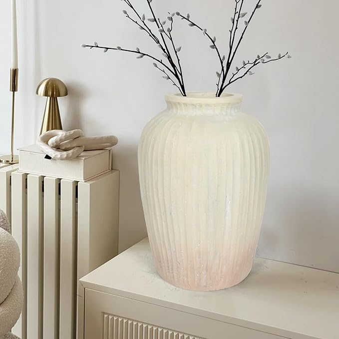 Oakrain 15" Tall Rustic Vase, Decorative Flower Vase for Table with Gradient Design, Large Floor Planter for Indoor Plants, Home Decor, Living Room, Entryway, Beige