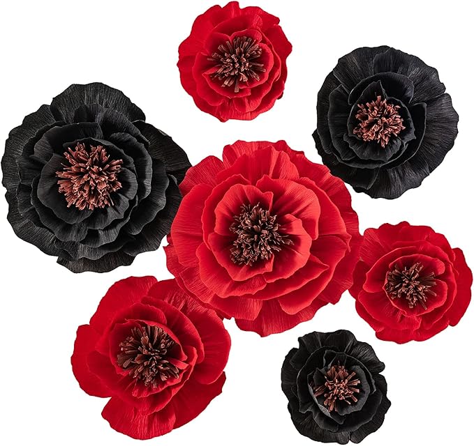 Artificial Paper Flower Decorations for Wall Backdrop Wedding, Giant Paper Flowers, Handcrafted Flowers for Birthday Baby Shower Bridal Shower Nursery Decor(Black & Red Set 7)