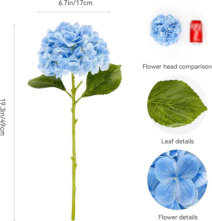 Large Hydrangea Artificial Flowers 19.3", 6 Pcs Latex Real Touch Faux Hydrangea with Stems, Fake Flowers for Table Centerpieces Arrangements Wedding Bouquets (Light Blue)