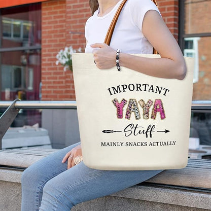 Canvas Tote Bag for Women, Important Stuff Bag with Leather Handle, Reusable Grocery Bags for Shopping Beach Travel