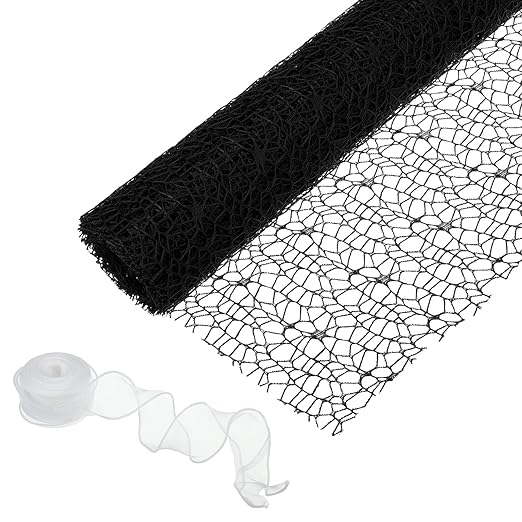 PATIKIL Flower Wrapping Mesh Paper, 15ft Floral Bouquet Craft Packaging Hollow Net Yarn with Ribbon for Flowers Gift Packaging, Black