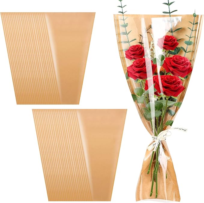 50Pcs Flower Bouquet Wrapping Paper Bags - Kraft Paper & Clear Sleeves for Bouquets, Flower Bar Supplies, Wedding, Mother’s Day, Graduation Gift, 9.45x3.74x17.75 Inch