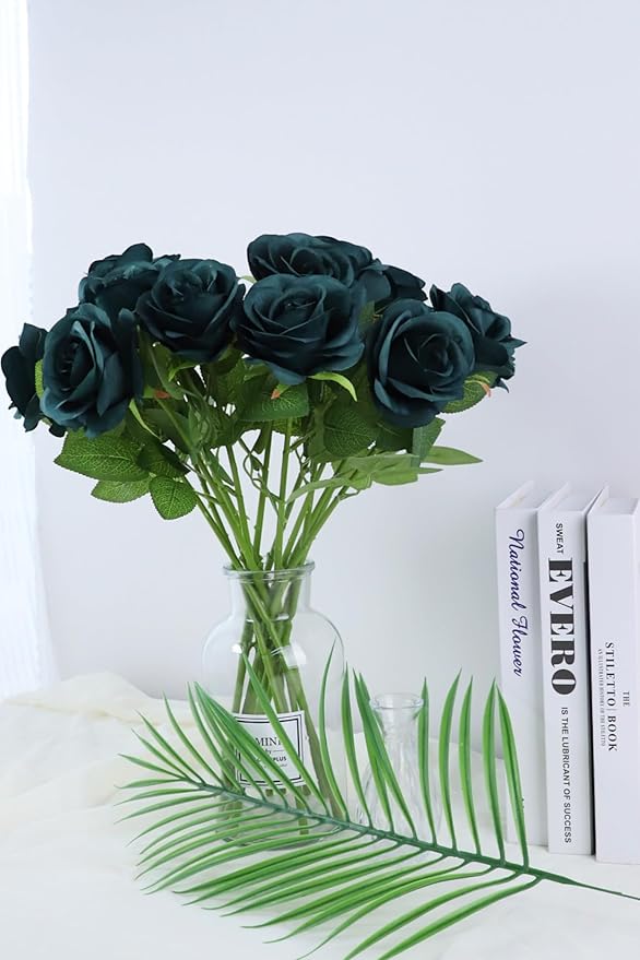 30pcs Roses Artificial Flowers Peacock Green Roses Flowers with Long Stems Silk Flowers for Wedding Bouquet Centerpices Decorations Party Bridal Baby Shower Home Décor Fake Roses