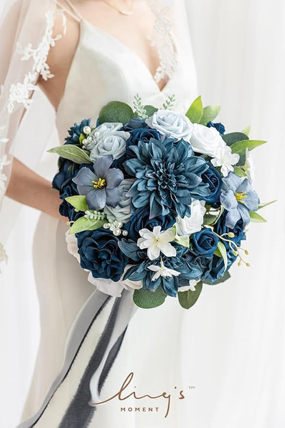 Ling's moment Navy Blue Bridal Bouquet for Bride, Blue Wedding Bouquets for Bride, 13 Inch Silk Round Artificial Wedding Flowers Bouquets