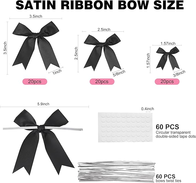 Oubest Black Bows for Gift Wrapping, 60 PCS 1.57", 2.5" & 3.5" Satin Ribbon Gift Wrap Bows with Twist Tie for Christmas,Birthdays,Baby Shower,Weddings,Crafts,Holiday Presents,Party Decorations, Black