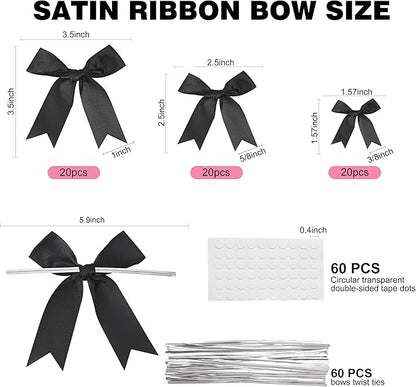 Oubest Black Bows for Gift Wrapping, 60 PCS 1.57", 2.5" & 3.5" Satin Ribbon Gift Wrap Bows with Twist Tie for Christmas,Birthdays,Baby Shower,Weddings,Crafts,Holiday Presents,Party Decorations, Black