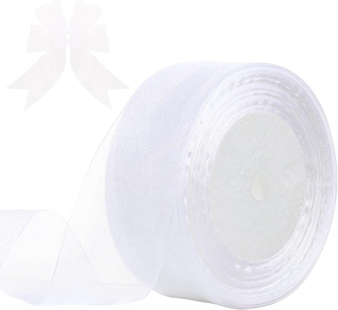 1-1/2 Inch x 50 Yards Sheer Organza Ribbon Chiffon Ribbon for Gift Wedding Flower Bouquet Wrapping Decorations Crafts (White)