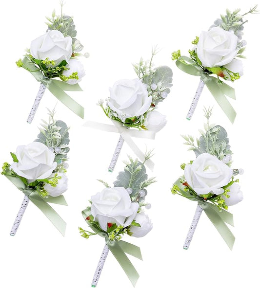 Fnize White Boutonniere for Men, 6 Pcs Groom Groomsmen Boutonnieres, Artificial Flowers for Wedding Prom Homecoming