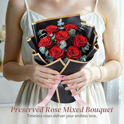 Lewondr Flower for Delivery, Preserved Flowers Bouquet, Red Roses Bouquet, Real Long-Lasting Forever Birthday Flowers Gifts for Her Wife Girlfriend Valentines Day Anniversary Mothers Day, Black-Red