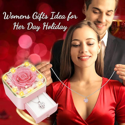 Preserved Pink Real Rose with Heart Necklace -Eternal Flowers Rose Birthday Gifts for Women Wife Mom Girlfriend Grandma Gifts Idea on Christmas Valentines Mothers Day for Her-Pink