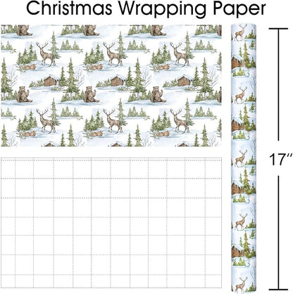 MAYPLUSS Christmas Wrapping Paper Roll - 17 In x 33 Feet - Cute Watercolor Christmas Tree Deer Bear Log Cabin Gift Wrap Paper for New Year, Holiday, Kids