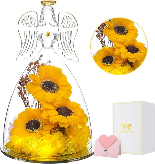 Angel Sunflower Mothers Day Blessing Gifts, Angel Figurines with LED Light Real Sunflower Gifts for Her Mom Grandma Wife,Glass Angel Figurines for Valentine Anniversary Birthday Gift