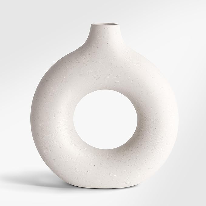Cream White Donut Vase 9 Inch Hollow Ceramic Vase for Flowers Pampas Grass Home Decor, Modern Minimalist Boho Style Decorative Circle Vase for Living Room, Dining Tabletop, Office, Farmhouse