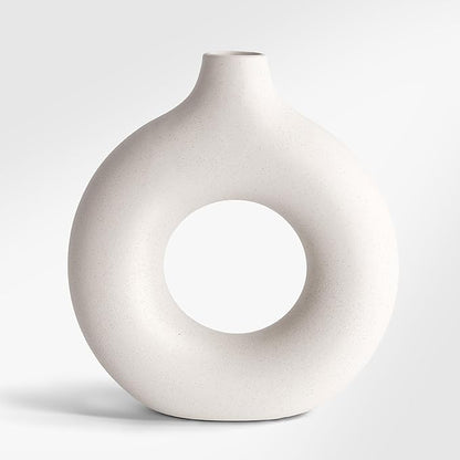 Cream White Ceramic Vase for Home Decor, Donut Vase for Pampas Grass, Dried Flowers, 7.6 Inch Minimalist Boho Flower Vases Decorative for Table, Shelf, Living Room, Dining Room, Farmhouse