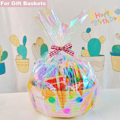 SYOGUA 82 Ft x 17 In Cellophane Roll Extra Wide Iridescent Cellophane Wrap Gift Baskets Wrapping Plastic for Basket, Treats, DIY Crafts, Birthday Gifts