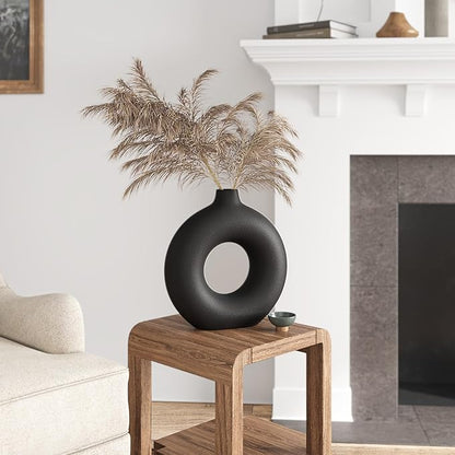 Minimalist Black Donut Ceramic Vase-9 Inch Boho Hollow Flower Vases for Tables Shelves Home Decor, Modern Decorative Circular Vase for Pampas Grass, Dried Flowers, Living Room, Farmhouse