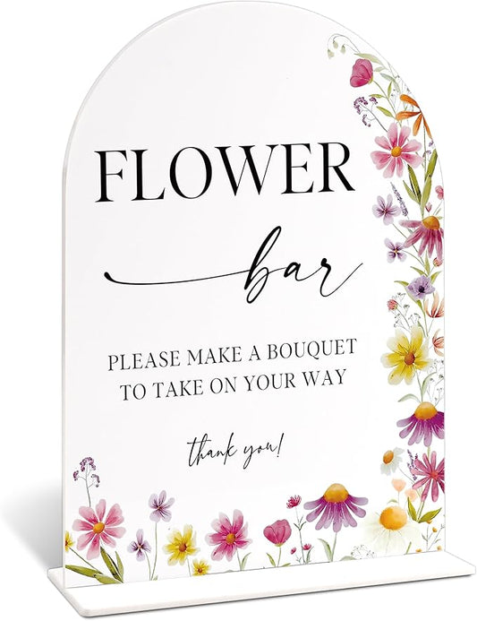 6x8" Flower Bar Sign for Wedding Table Decor, Wild Flower Arch Acrylic Wedding Signs for Reception, Floral Bridal Shower Engagement Party Decor for Baby In Bloom Baby Shower Decorations